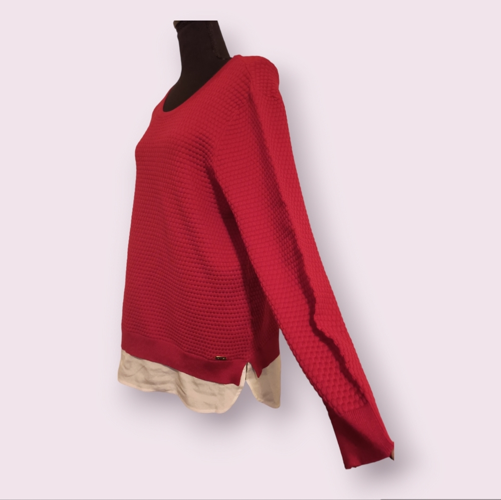 Calvin Klein Women's Tunic Sweater Red Layered Hem Waffle Knit Round Neck Size L